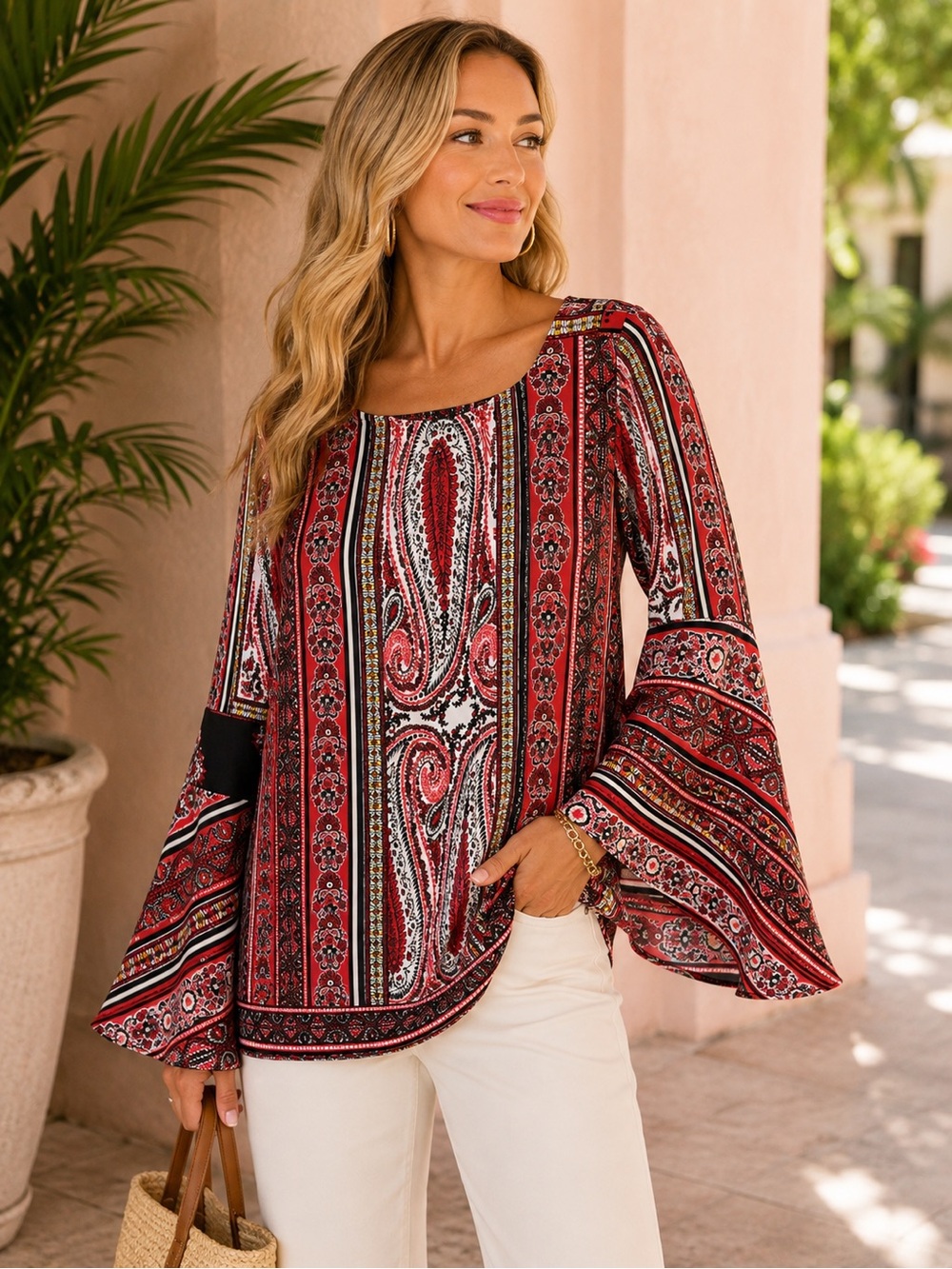 Chico’s Paisley Print Bell Sleeve Blouse Red Black White Size 2/L Boho Festival